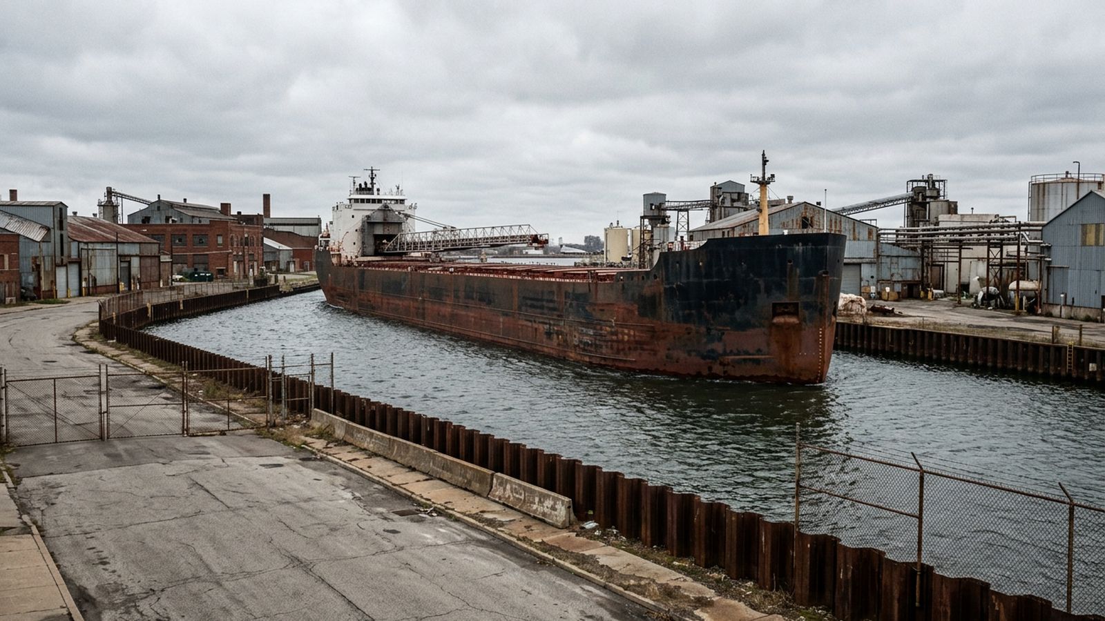A long self unloading hull moving slowly through a narrow bend in an industrial shipping channel, seen from a street end on the bank, the hull lying at a slight diagonal to the channel, sheet piling and dock structures on both sides, flat overcast light, no vessel name or marking legible