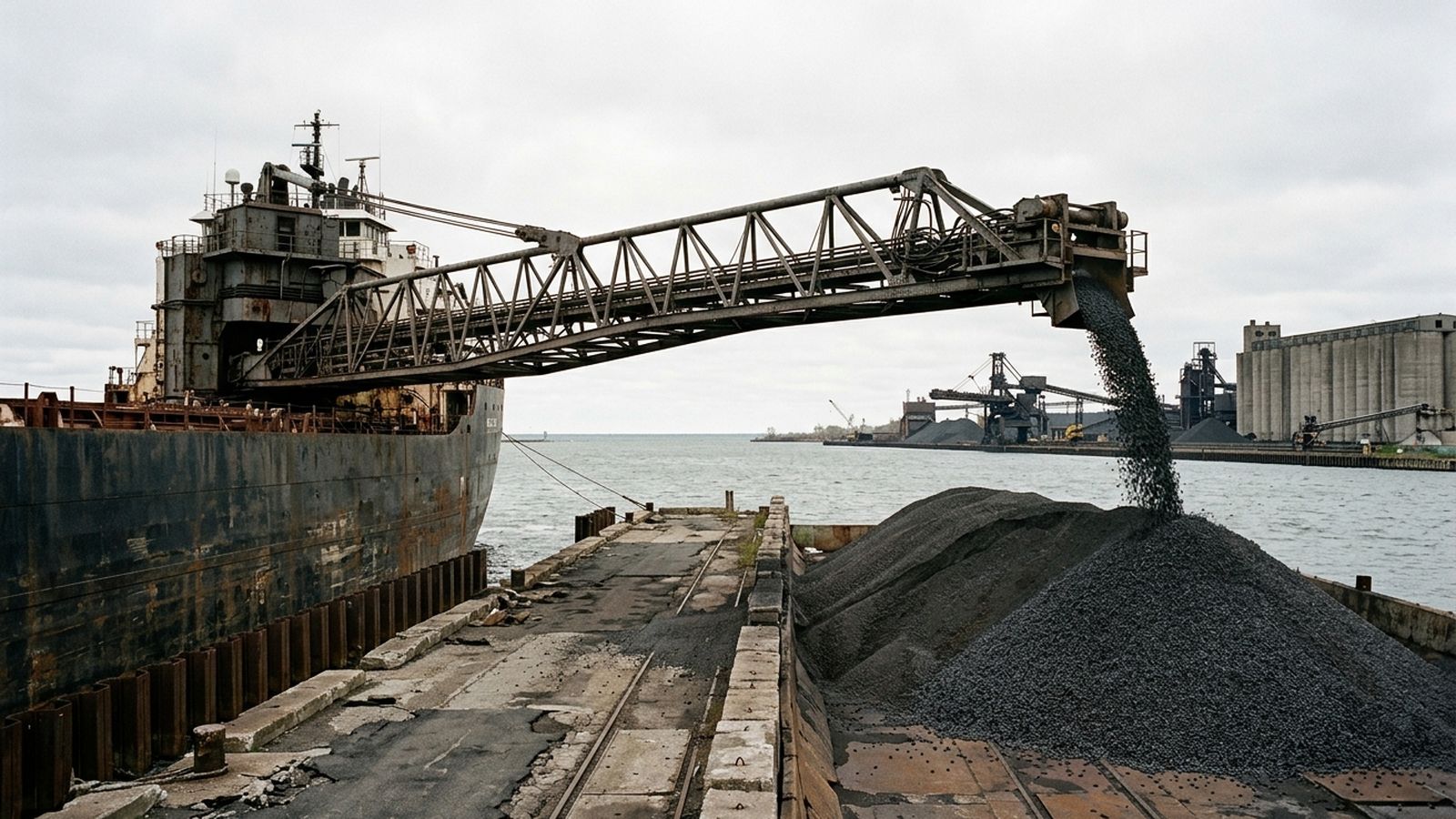 A long self unloading boom swung out over a dark conical stockpile at an industrial dock, a continuous stream of small pellets falling from the end of the boom, flat overcast light, no vessel name or marking visible