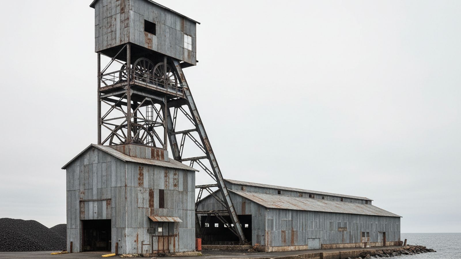 A tall industrial hoist house and headframe structure on a lake shore, plain corrugated cladding, a low covered storage building beside it, no vehicles or people, flat overcast light, no signage or company lettering visible