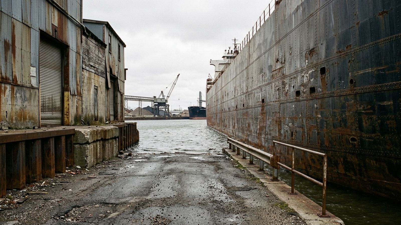 A narrow industrial street ending at the edge of a shipping channel, worn asphalt with no sidewalk, a low guard rail at the water, the high flank of a moored hull filling the right side of the frame, flat overcast light, no vessel name and no readable signage